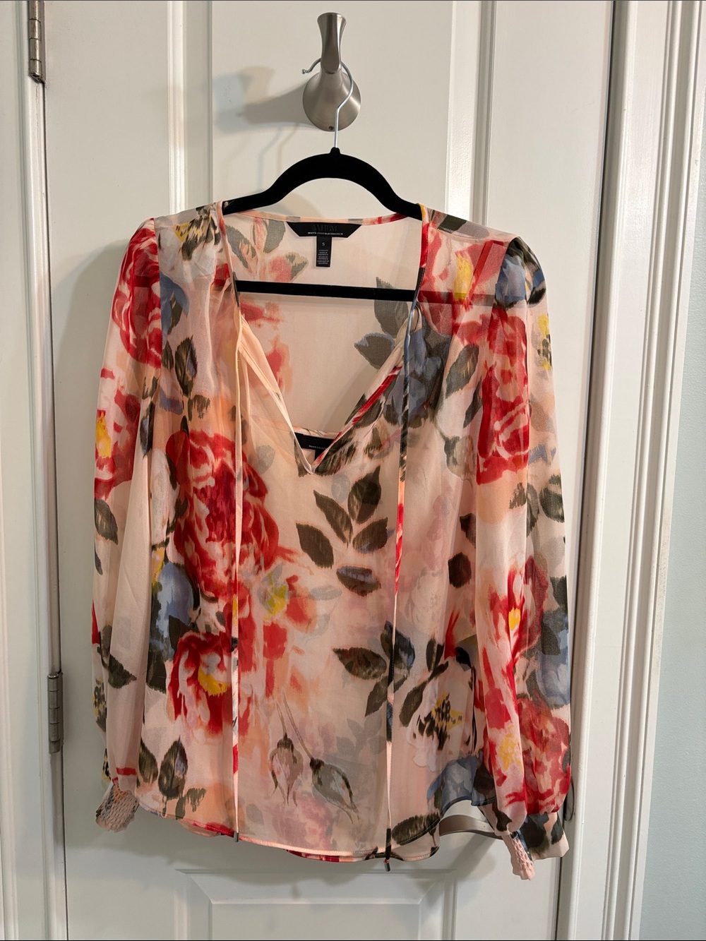 White House Black Market Floral Tie-Front V-Neck Blouse - Pink Multi
